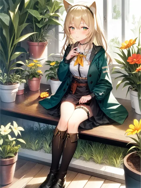 masterpiece, best quality, 1girl, Podenco, a flowerpot, <lora:ptc-000004:1>, holding experimental tube, sitting,