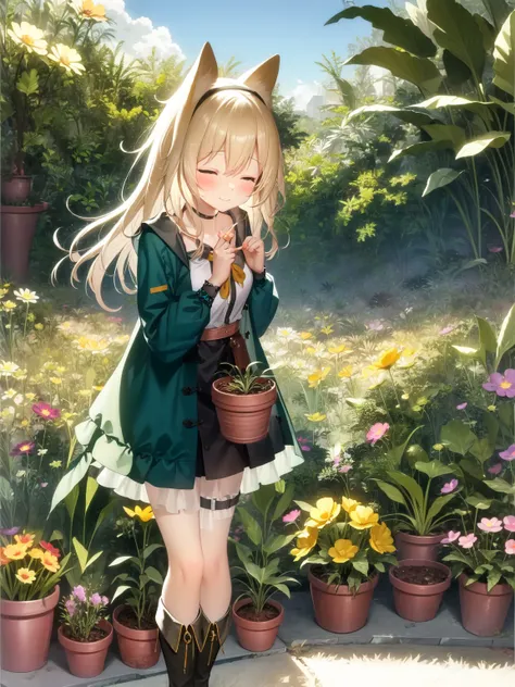 masterpiece, best quality, 1girl, Podenco, a flowerpot, <lora:ptc-000004:1>, holding beaker, standing, closed eyes, little smile, palm-fist greeting,