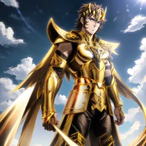 <lora:SagittariusArmor:0.6>, SagittariusArmor, gold armor, Henry Cavil as 1boy,  armor, brown hair, blue eyes, long gold wings, dramatic sky, looking at viewer, armor, short hair, closed mouth, upper body, serious, helmet, landing on empty field