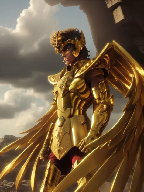 photorealistic, Create a cinematic, filmic image of [post nuclear wasteland] in [fallout style], with [detailed linework], [dynamic shading], and [rich colors]. Show [ male face, <lora:SagittariusArmor:1> SagittariusArmor, armor, golden armor, wings, helmet, long metal wings, long golden wings] the [ 1 man wastelander] and him [full body] holding an arc, and [fluid body movements], and close attention paid to [costume design] and [background details]. The art style should capture the [post-apocalyptic setting] of the image. Create an [ultra-realistic], [high-resolution] image of the man [standing]. He is looking out at a [barren wasteland] before the storm, still shining brightly in the sky, but in the distance, the sky is a [dark and foreboding shade of blue], hinting at an impending storm. The image should be captured in [natural light], with [soft shadows] that highlight him, and [colors] that are [raw] and [vibrant], showcasing the [rugged and gritty] elements of the character while remaining grounded in a sense of [realism]. Aim for a [photorealistic] portrayal that captures the [essence] of him character, with [intricate details] that capture every nuance of him form. The overall mood of the image should be [post nuclear], [post-apocalyptic], with a sense of [melancholy], [loneliness], and [desolation], showing the complete scene with him [full body]. Please generate a [single], [realistic size] [Greek temple]. The image of Greek temple should be a single, full-size Greek temple, without any duplicates or miniature versions. Detailed face.