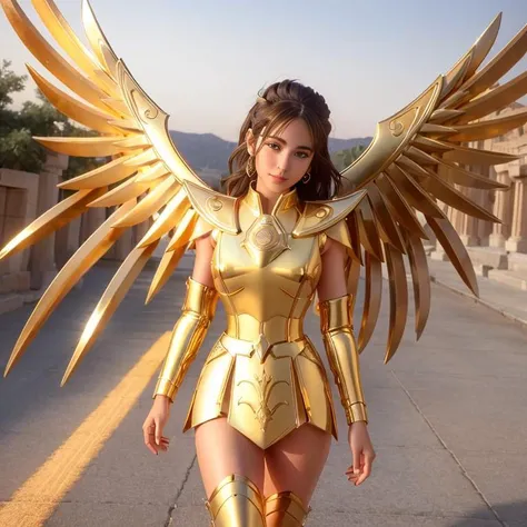 4k, highres, best quality, photorealistic, masterpiece, photo of (1uciajavorcekova:0.99), <lora:saintSeiyaSagittarius_v10:0.6>, light on face, 
1girl, full body, detailed eyes, detailed face, detailed skin, short hair, , SagittariusArmor, female armor, (long golden wings, large golden wings, open golden wings),  walking on the ancient greek battlefields, , , solo focus, beautiful detailed sky,