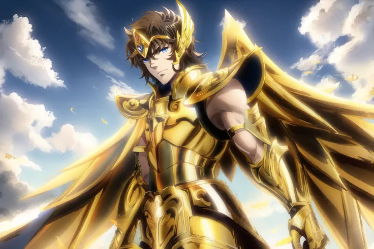 <lora:SagittariusArmor:0.6>, SagittariusArmor, gold armor, Henry Cavil as 1boy, armor, brown hair, blue eyes, long gold wings, dramatic sky, looking at viewer, armor, short hair, closed mouth, upper body, serious, helmet, landing on empty field