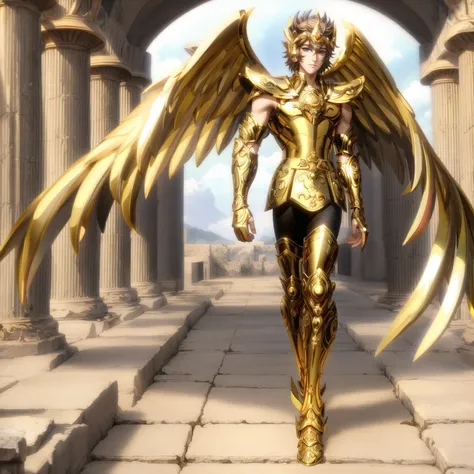<lora:SagittariusArmor:0.7>, masterpiece, best quality, masterpiece, detailed face, detailed eyes, full body, 1boy, wearing golden armor, long metallic wings, walking on the ancient greek fields