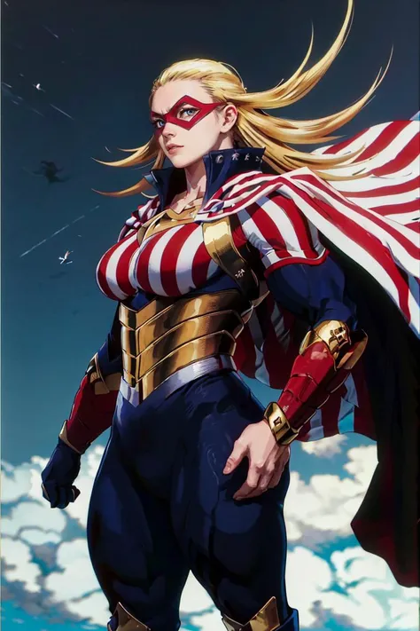 (masterpiece:1.4),(best quality:1.4),(absurdres:1.4),pin-up,
ANIME_CathleenBate_MyHero_ownwaifu, www.ownwaifu.com,
blonde hair, long hair, breasts, blue eyes, large breasts, muscular, muscular female, floating hair, domino mask, mask, tall female,
superhero, cape, striped, bodysuit, gloves, vertical stripes, flag print, star \(symbol\), american flag print, armor,
<lora:ANIME_CathleenBate_MyHero_ownwaifu-15:0.8> ,
(absurdres, highres, incredibly_absurdres:1.4),scenery,masterpiece,