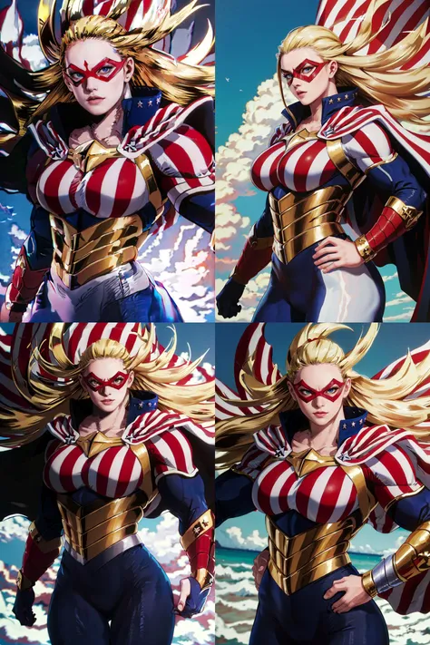 (masterpiece:1.4),(best quality:1.4),(absurdres:1.4),pin-up,	
ANIME_CathleenBate_MyHero_ownwaifu, www.ownwaifu.com, 
blonde hair, long hair, breasts, blue eyes, large breasts, muscular, muscular female, floating hair, domino mask, mask, tall female, 
superhero, cape, striped, bodysuit, gloves, vertical stripes, flag print, star \(symbol\), american flag print, armor, 
{<lora:ANIME_CathleenBate_MyHero_ownwaifu-15:1> |<lora:ANIME_CathleenBate_MyHero_ownwaifu-15:0.6> |<lora:ANIME_CathleenBate_MyHero_ownwaifu-15:0.8> |<lora:ANIME_CathleenBate_MyHero_ownwaifu-15:0.7> },
(absurdres, highres, incredibly_absurdres:1.4),scenery,masterpiece,