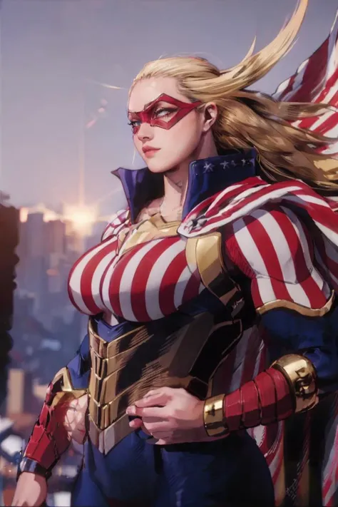 ANIME_CathleenBate_MyHero_ownwaifu, www.ownwaifu.com,
blonde hair, long hair, breasts, blue eyes, large breasts, muscular, muscular female, floating hair, domino mask, mask, tall female,
superhero, cape, striped, bodysuit, american flag, gloves, vertical stripes, flag print, star \(symbol\), american flag print, armor,
<lora:ANIME_CathleenBate_MyHero_ownwaifu-15:1> ,, official art,extremely detailed CG unity 8k wallpaper, perfect lighting,Colorful, Bright_Front_face_Lighting,shiny skin, (masterpiece:1.0),(best_quality:1.0), ultra high res,4K,ultra-detailed, photography, 8K, HDR, highres, (absurdres:1.2), Kodak portra 400, film grain, blurry background, (bokeh:1.2), lens flare, (vibrant_color:1.2),professional photograph, (beautiful_face:1.5),