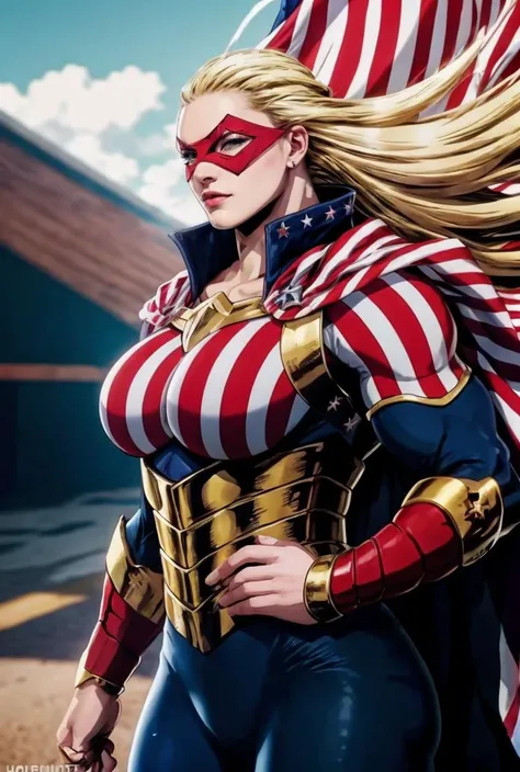 facing viewer, 
masterpiece, highly detailed skin, hdr, 8k, best quality, high quality, highres, solo, 
ANIME_CathleenBate_MyHero_ownwaifu, www.ownwaifu.com, 
blonde hair, long hair, breasts, blue eyes, large breasts, muscular, muscular female, floating hair, domino mask, mask, tall female, 
superhero, cape, striped, bodysuit, gloves, vertical stripes, flag print, star \(symbol\), american flag print, armor, 
<lora:ANIME_CathleenBate_MyHero_ownwaifu-15:0.7> ,
vibrant, fantasy, detailed, epic, heroic, cinematic photo undefined, 35mm photograph, film, bokeh, professional, 4k, highly detailed