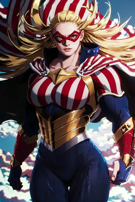(masterpiece:1.4),(best quality:1.4),(absurdres:1.4),pin-up,
ANIME_CathleenBate_MyHero_ownwaifu, www.ownwaifu.com,
blonde hair, long hair, breasts, blue eyes, large breasts, muscular, muscular female, floating hair, domino mask, mask, tall female,
superhero, cape, striped, bodysuit, gloves, vertical stripes, flag print, star \(symbol\), american flag print, armor,
<lora:ANIME_CathleenBate_MyHero_ownwaifu-15:0.8> ,
(absurdres, highres, incredibly_absurdres:1.4),scenery,masterpiece,