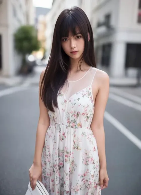(8k, RAW photo, best quality, masterpiece:1.2), (realistic, photo-realistic:1.37), best quality, ultra high res, photon mapping, radiosity, physically-based rendering,bblurry, blurry_foreground, depth_of_field, blurry_background, photo_\(medium\), motion_blur,1girl, (full body),long legs,thin legs,medium hair, bangs,(see through bangs), lips, solo, black_eyes, nose,soft,holding hands,floral Dress, white dress, long dress, floral print, narrow waist, {{{looking at viewer}}}, shy, naughty face, <lora:Chinese_Qingchun_girl:0.4>