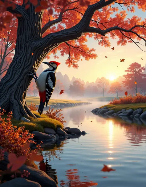  ultrarealistic, photorealism, high quality texture, On a serene autumn morning by a small river, a woodpecker is perched on an old tree, preparing to search for food. The morning sun is just beginning to rise above the horizon, its soft rays filtering through the branches and casting a gentle glow on the water’s surface. The woodpecker, with its bright red cap and striking black-and-white plumage, energetically taps its beak against the trunk of the tree, producing rhythmic sounds that blend with the soft murmur of the flowing river.
Surrounding the scene is a vibrant autumn atmosphere: the air is crisp and cool, filled with the earthy scent of damp soil and decaying leaves. On the riverbank, bushes adorned with the last berries stand out, while in the distance, silhouettes of trees gradually fade into a light mist. The water in the river is calm, reflecting the vivid colors of autumn and the morning sky. The overall picture evokes a sense of tranquility and harmony with nature.

woodpecker, autumn morning, river, golden and red leaves, crisp air, old tree, reflections in water, mist, harmony with nature. best quality, high resolution