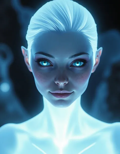 ultrarealistic, photorealism, high quality texture, The image features an alien woman with perfectly symmetrical facial features, resembling the beautiful Scandinavian women of Europe. Her face has characteristics similar to the actress Laura Berlin, including high cheekbones, a well-defined jawline, and delicate, refined features. She has striking blue eyes that glow softly from within the pupils, giving her an ethereal and mesmerizing gaze. Her hair is white and emits a radiant white light, adding to her otherworldly appearance. Her entire face glows with a gentle white light, highlighting her flawless skin and harmonious features. Her body and figure also emit a soft, luminous glow, making her appear almost angelic. Despite her extraterrestrial origin, her ears are normal, closely resembling those of humans. The overall atmosphere is serene and mystical, with the light emanating from her creating an aura of purity and grace.
Alien woman, symmetrical features, Scandinavian beauty, blue glowing eyes, white luminous hair, glowing face, radiant body, ethereal, high cheekbones, well-defined jawline, refined features, Laura Berlin, serene, mystical, purity, grace, otherworldly, human-like, luminous glow.. best quality, high resolution