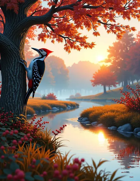  ultrarealistic, photorealism, high quality texture, On a serene autumn morning by a small river, a woodpecker is perched on an old tree, preparing to search for food. The morning sun is just beginning to rise above the horizon, its soft rays filtering through the branches and casting a gentle glow on the water’s surface. The woodpecker, with its bright red cap and striking black-and-white plumage, energetically taps its beak against the trunk of the tree, producing rhythmic sounds that blend with the soft murmur of the flowing river.
Surrounding the scene is a vibrant autumn atmosphere: the air is crisp and cool, filled with the earthy scent of damp soil and decaying leaves. On the riverbank, bushes adorned with the last berries stand out, while in the distance, silhouettes of trees gradually fade into a light mist. The water in the river is calm, reflecting the vivid colors of autumn and the morning sky. The overall picture evokes a sense of tranquility and harmony with nature.

woodpecker, autumn morning, river, golden and red leaves, crisp air, old tree, reflections in water, mist, harmony with nature. best quality, high resolution