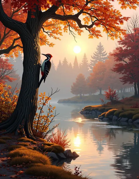 ultrarealistic, photorealism, high quality texture, On a serene autumn morning by a small river, a woodpecker is perched on an old tree, preparing to search for food. The morning sun is just beginning to rise above the horizon, its soft rays filtering through the branches and casting a gentle glow on the water’s surface. The woodpecker, with its bright red cap and striking black-and-white plumage, energetically taps its beak against the trunk of the tree, producing rhythmic sounds that blend with the soft murmur of the flowing river.
Surrounding the scene is a vibrant autumn atmosphere: the air is crisp and cool, filled with the earthy scent of damp soil and decaying leaves. On the riverbank, bushes adorned with the last berries stand out, while in the distance, silhouettes of trees gradually fade into a light mist. The water in the river is calm, reflecting the vivid colors of autumn and the morning sky. The overall picture evokes a sense of tranquility and harmony with nature.
woodpecker, autumn morning, river, golden and red leaves, crisp air, old tree, reflections in water, mist, harmony with nature. best quality, high resolution