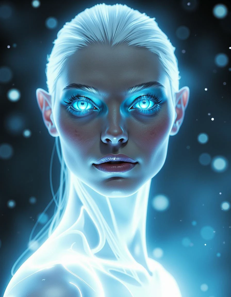 ultrarealistic, photorealism, high quality texture, The image features an alien woman with perfectly symmetrical facial features, resembling the beautiful Scandinavian women of Europe. Her face has characteristics similar to the actress Laura Berlin, including high cheekbones, a well-defined jawline, and delicate, refined features. She has striking blue eyes that glow softly from within the pupils, giving her an ethereal and mesmerizing gaze. Her hair is white and emits a radiant white light, adding to her otherworldly appearance. Her eyebrows and eyelashes are also white and emit a soft glow, further enhancing her ethereal look. Her entire face glows with a gentle white light, highlighting her flawless skin and harmonious features. Her body and figure also emit a soft, luminous glow, making her appear almost angelic. Despite her extraterrestrial origin, her ears are normal, closely resembling those of humans. The overall atmosphere is serene and mystical, with the light emanating from her creating an aura of purity and grace.
CLIP Prompt: Alien woman, symmetrical features, Scandinavian beauty, blue glowing eyes, white luminous hair, glowing face, radiant body, ethereal, high cheekbones, well-defined jawline, refined features, Laura Berlin, white glowing eyebrows, white glowing eyelashes, serene, mystical, purity, grace, otherworldly, human-like, luminous glow.. best quality, high resolution