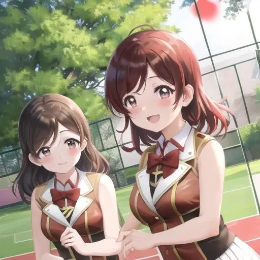 masterpiece, best quality, high quality, <lora:lovelife-06:1>, l0vel1fe, 3girl, red outfit, dancing, blushing, sweat, school gym, outdoors, bare arms