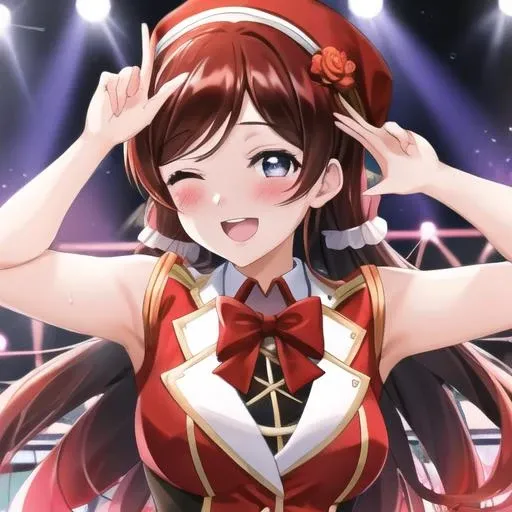 masterpiece, best quality, high quality, <lora:lovelife-06:1>, l0vel1fe, 1girl, red outfit, dancing, blushing, sweat, stage