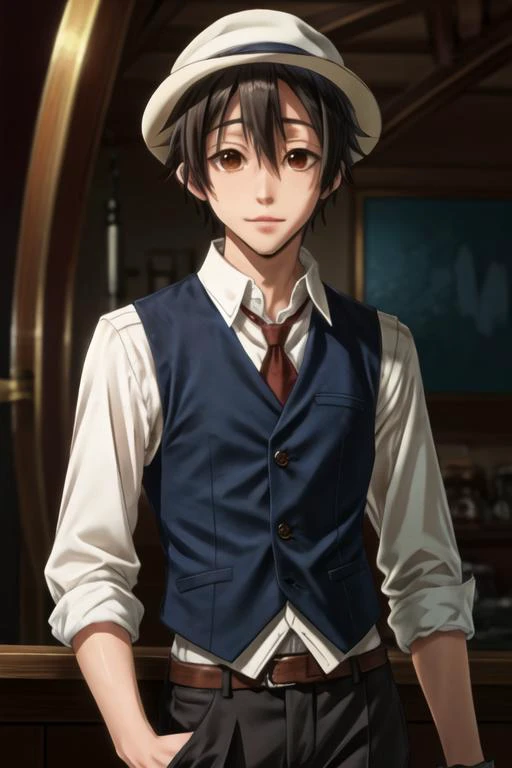 masterpiece, best quality, game cg, 1boy, solo, male focus, looking at viewer, , , <lora:yuuki_kagurazaka:0.70>, yuuki_kagurazaka, black hair, brown eyes, waistcoat, hat, , HDR