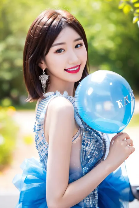 1girl, <lora:Celebrity-mao_xiaotong_v1:0.8>,  smile, holding a ballon, earrings, lipstick, looking at viewer , maoxiaotong, xiaotong, blue dress, 
upper body, outdoors, 
masterpiece, high quality, highres, realistic,