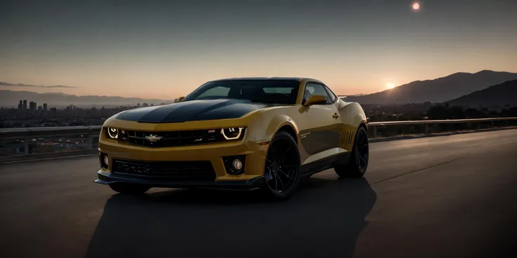 Camaro - Bumblebee,Camaro,masterpiece, highly detailed photorealistic 8k raw photo,dark night,bright tones,real light and shadow,best cinematic quality, volumetric lighting and shadows, the front of the car has a Camaro logo,1girl driving car, sprktt,cutting-edge design, showcasing sleek lines, advanced features, innovation, futuristic cityscape, high-tech laboratory, futuristic cityscape background, Full shot, shiny and reflective bodywork ,8k <lora:Camaro - Bumblebee:0.7>