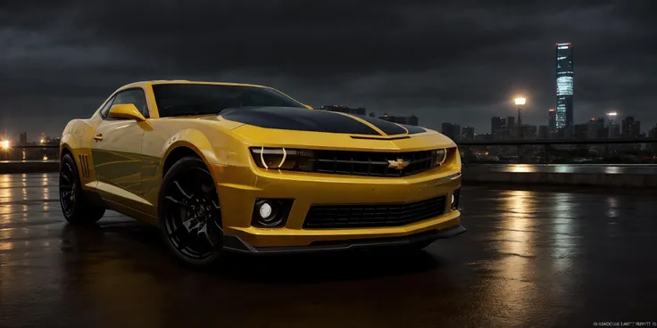 Camaro - Bumblebee,Camaro,masterpiece, highly detailed photorealistic 8k raw photo,Rainy night, night,bright tones,real light and shadow,best cinematic quality, volumetric lighting and shadows, the front of the car has a Camaro logo,1girl driving car, sprktt,cutting-edge design, showcasing sleek lines, advanced features, innovation, futuristic cityscape, high-tech laboratory, futuristic cityscape background, Full shot, shiny and reflective bodywork ,8k <lora:Camaro - Bumblebee:0.7>