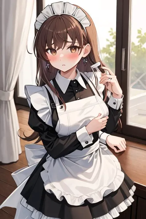 best quality, masterpiece, highres, solo, {maid:1.40}, {long maid dress:1.15}, {ooi_kantaicollection:1.15}, long_hair, brown_hair, brown_eyes, blush, serafuku, breasts, large_breasts