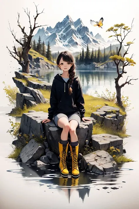 <lora:chalklora:0.5>chalk_drawing<lora:inklora:0.5>  ink ,scenery ,1girl ,bike ,tree,mountain, stone,melting, abstract, dust ,water splash,long hair, boots, 1boy, very long hair, braid, black hair, bug, bird, branch, looking at viewer, yellow eyes, red footwear, brown hair, traditional media,