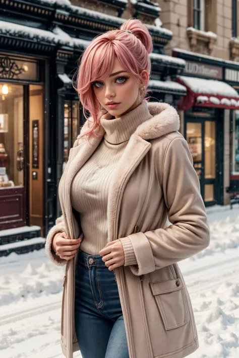 (ultra realistic,32k, masterpiece:1.2),(high detailed skin:1.1),( high quality:1.1),
looking at viewer, <lora:add_detail:0.88>,
(dense light rays:1.1), city metropolitan, winter, snow, snowy, blurry background,
BREAK 1girl, pink hair, ponytail hair, bangs,(aqua eyes:0.9), (mascara:1.1), (red lips, lipstick:0.5),, BREAK, (huge breast, large breast:0.9), <lora:edgWinterDressCode:0.7>edgwdc, wearing edgwdc, fur coat, turtleneck sweater,