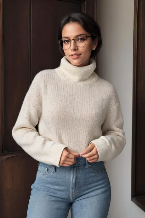 ((Masterpiece, best quality,edgQuality,photorealistic)),(smile:0.85)
edgwdc, 1girl, solo, turtleneck,jeans,glasses,short hair ,wearing edgwdc<lora:edgWinterDressCode:0.8>