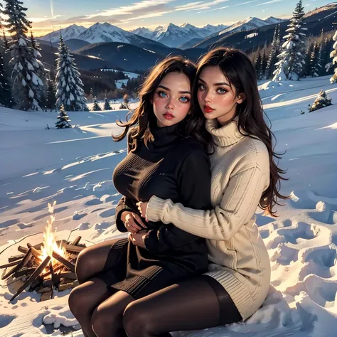 A snowy winter scene in a fantastic mountain area, a gentle breeze rustling, trick of light,  outdoors, mountains,  a bittersweet atmosphere, a moment of quiet contemplation, 2girls sitting, campfire, hugging, cuddling, a moment of love, lovely, allure, BREAK
thick_milf,  beautiful, sexy, huge breast, wearing seductive sweater, extremely long hair, wearing edgwdc, bare legs  BREAK
young_girl, long red hair, blue eyes, wearing  oversized knitted midi dress with crew neck and seam detail in charcoal, winter clothes, pantyhose, wearing edgwdc, fur,  BREAK
(best quality, masterpiece, highest detailed),fashion photography of cute,(ultrahigh resolution textures), (official art), (cinematic dynamic angle:1.3),  vivid, intricate details, intricate patterns, (love:1.2), <lora:edgWinterDressCode:0.7>