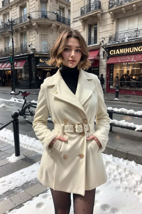 (realistic:1.3), finely detailed, quality, rembrandt lighting, (masterpiece:1.2), (photorealistic:1.2), (best quality), (detailed skin:1.3), (intricate details), dramatic, ray tracing, 1girl, french girl, 21 years old, detailed skin texture, (blush:0.5), (goosebumps:0.5), subsurface scattering, smiling, medium breasts, short hair curls, blonde hair, bangs, hair between eyes, edgwdc, fur coat, pantyhose, belt, wearing edgwdc, cowboy shot, (bright sunny day, paris, champs-elysees, snow, winter scene, sky), <lora:edgWinterDressCode:0.8>