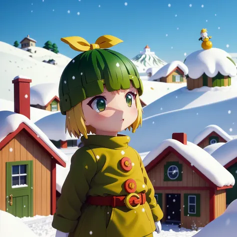 _modelshoot style, banchan is happily building a snowman with olive eyes, single house background, snowy mountains background, snowing, (banchan green hair:0.8), (banchan yellow hair:0.7), (banchan ombre hair:0.4),  (focus on banchan: 0.8), Zoom Lens Shot, by studio ghibli, (((masterpiece))), (((best quality))), (extremely detailed CG unity 8k wallpaper)