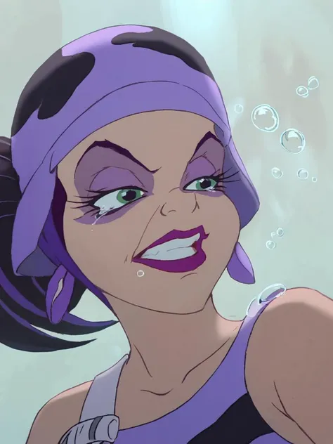 score_9, score_8_up, score_8, score_7_up, volumetric lighting, marina del rey, 1girl, solo, hat, ponytail, purple hair, teeth, tears, dark skin, makeup, lipstick, monster girl, underwater, bandana, air bubble, purple lips, <lora:littlem_pony_v1:0.9>