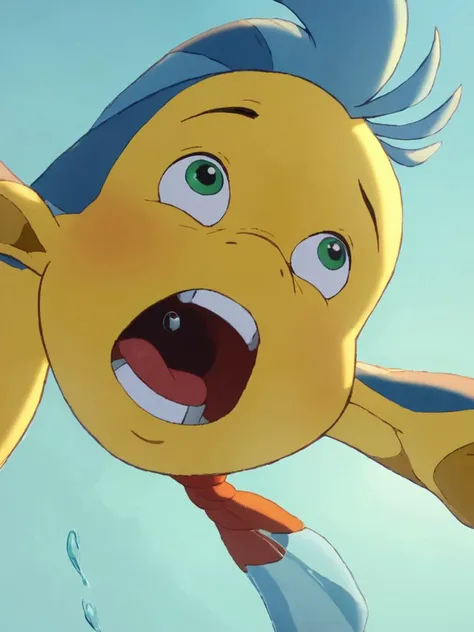 score_9, score_8_up, score_8, score_7_up, volumetric lighting, flounder, solo, open mouth, 1boy, green eyes, blue hair, male focus, blue background, looking up, meme, yellow skin, <lora:littlem_pony_v1:0.9>