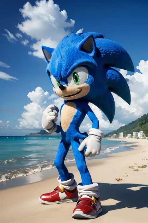 sonic, chibi, boy,furry, blue skin, green eyes, tail, gloves, red shoes, looking at viewer, smiling, 
standing, hands on hips, outside, mountain, blue sky, extreme detail, masterpiece, <lora:sonic:.9>