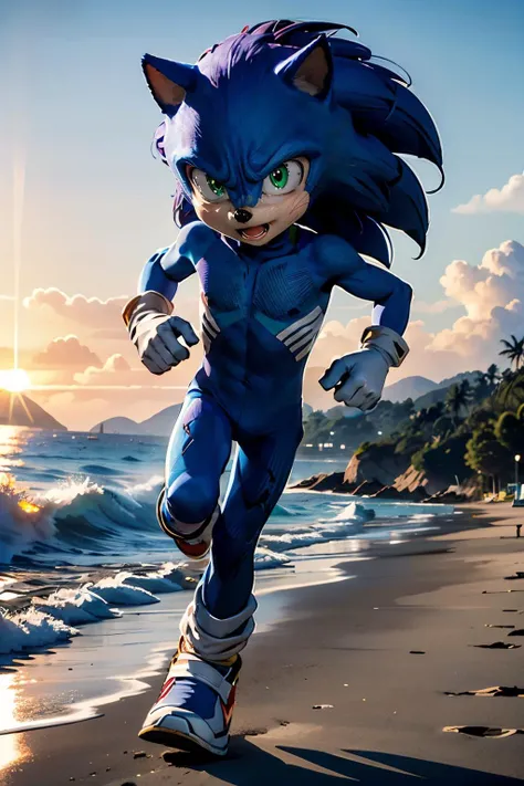 sonic, chibi, boy,furry, blue skin, green eyes, tail, white gloves, red shoes, dynamic shot, 
running, beach, ocean, sunset, twilight sky, extreme detail, masterpiece, <lora:sonic:.9>