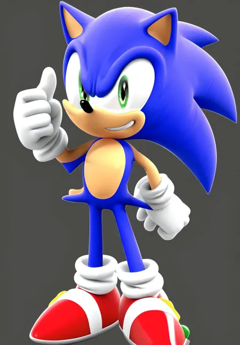 <lora:sonic:0.8>, sonic, solo, looking at viewer, smile, simple background, 1boy, standing, full body, male focus, socks, hand up, grin, hand on hip, happy, black background, furry male, thumbs up, sideways mouth