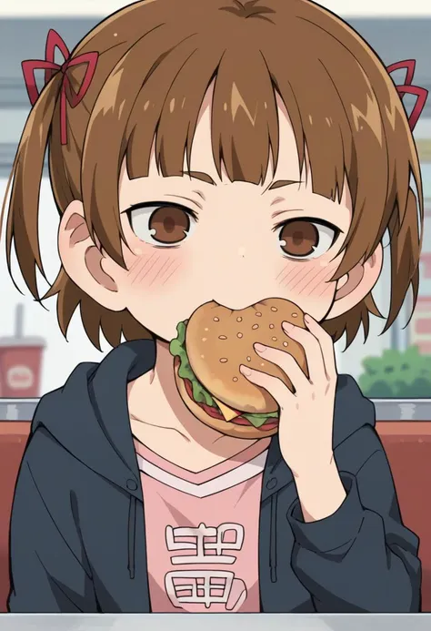 score_9, score_8_up, score_8, source_anime, <lora:MitsubaMarui:0.85> 1girl, brown hair, brown eyes, empty eyes, solo, twintails, short twintails, short hair, hair ribbon, dark blue hoodie, pink shirt, blush, eating hamburger, pleasure, upper body, 
restaurant background, blurry background,