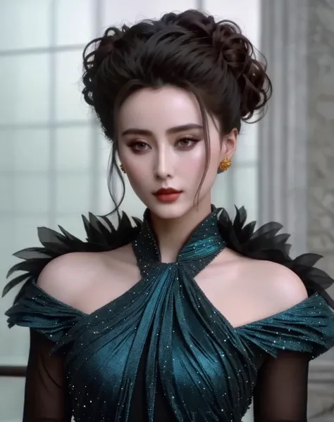 <lora:HP_Balenciaga:0.8>,  BalenciagaStyle, 

Masterpiece, high quality, 4K, beautiful design, shiny, from the front, award winning photo, extremely detailed, amazing, fine detail, absurdres, highly detailed woman, extremely detailed eyes and face, by lee jeffries nikon d850 film stock photograph 4 kodak portra 400 camera f1.6 lens rich colors hyper realistic lifelike texture dramatic lighting unrealengine trending on artstation cinestill 800 tungsten, solo, 1girl, fanbingbing, a woman in a black dress and a gold jacket, covered in blue feathers , wearing fanbingbing fashion, <lora:FanFashion:0.625>

, character generated and dressed in BalenciagaStyle