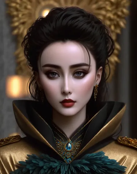 <lora:HP_Balenciaga:0.8>,  BalenciagaStyle, 

Masterpiece, high quality, 8K, beautiful design,((eyes brimming with life)), shiny, from the front, award winning photo, extremely detailed, amazing, fine detail, absurdres, highly detailed woman, extremely detailed eyes and face, by lee jeffries nikon d850 film stock photograph 4 kodak portra 400 camera f1.6 lens rich colors hyper realistic lifelike texture dramatic lighting unrealengine trending on artstation cinestill 800 tungsten, solo, 1girl, fanbingbing, a woman in a black dress and a gold jacket, covered in blue feathers , wearing fanbingbing fashion, <lora:FanFashion:0.825>

, character  dressed in BalenciagaStyle