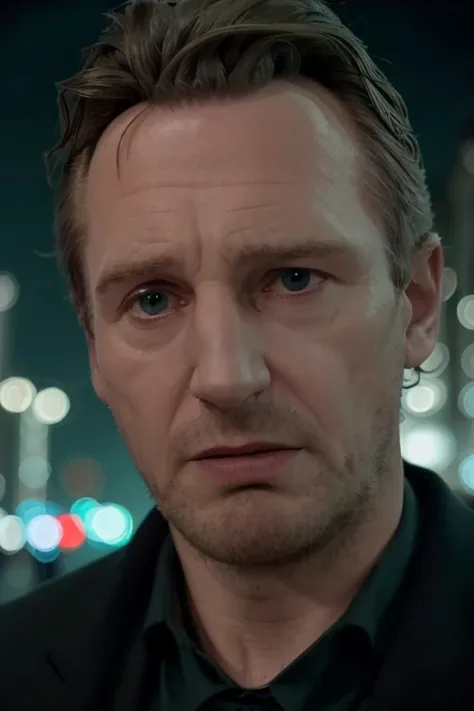 RAW 4k photo of a man <lora:l14mn33s0n:1>, crooked detective in the street, (ominous cinematic lighting), midnight, downtown, bokeh, green and purple rimlight