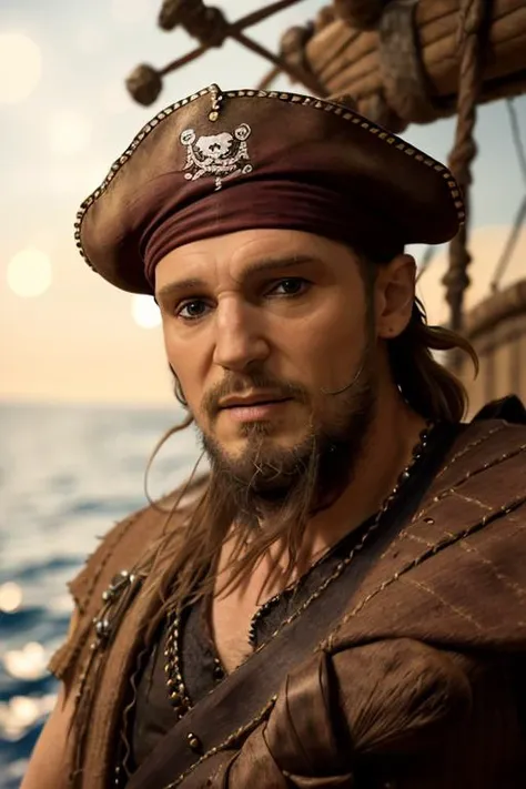 RAW 4k photo of a man <lora:l14mn33s0n:1>, bearded pirate of the 7 seas, pirate outfit, out at sea, bokeh