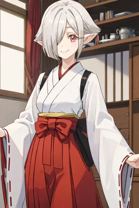 best quality, masterpiece, highres, solo, {white kimono:1.35}, {red hakama:1.35}, {wide sleeves:1.20}, {perusepone2shi_jashinchandropkick:1.15}, short_hair, pointy_ears, hair_over_one_eye, grey_hair, red_eyes, white_hair, ribbon, smile