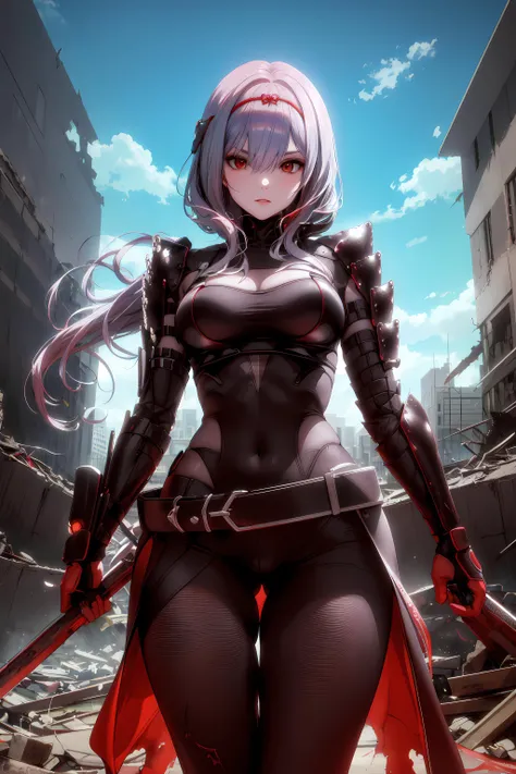 <lora:ScarletX_V1:1> masterpiece, best quality, scarletg, long hair, cityscape, bodysuit, shoulder armor, half-skirt, belt, asymmetrical legwear, sheath, headpiece, looking at viewer, facing viewer, destroyed building, sky, backlighting, dark