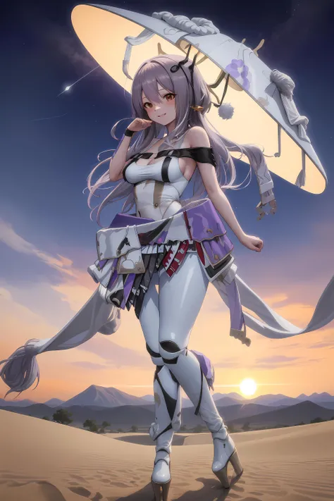 <lora:ScarletX_V1:1> masterpiece, best quality, scarletx, long hair, white leotard, white pants, bare shoulders, overskirt, hat, kasa, smile, fantasy landscape, desert, scenery, mountain, starry sky, sunset, high heels, standing, full body