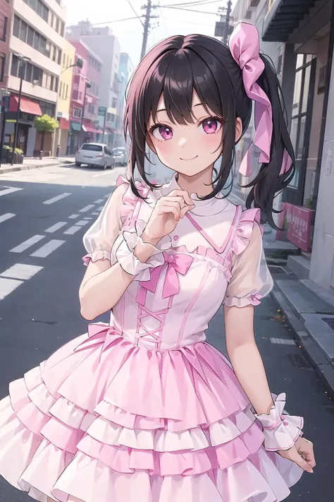 best quality, ultra-detailed, (1girl, solo,  <lora:idol_costume_style6_v1:0.7:1,0,0,0,0,0,0,1,1,1,0,0,0,1,0,0,0,1,1,1,1,0,0,0,0,0>, cyb dress, pink dress, frills, see-through short sleeves, wrist cuffs ,, bangs, evil smile,side ponytail, black hair), in the middle of an empty street