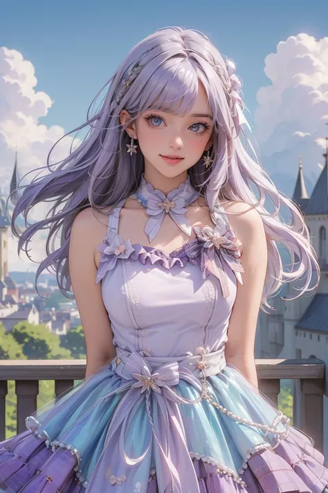 (masterpiece, best quality, beautiful and aesthetic:1.3), upper body, closeup portrait, looking at viewer, 1girl, solo, light smile, (light purple hair:1.3), long hair, idol_costume, standing, arms behind back, shiny skin, beautiful face, beautiful eyes, outdoors, castle, blue sky, clouds, extreme detailed, official art, professional illustration, hires, <lora:idol_costume_style2_v2:0.6>