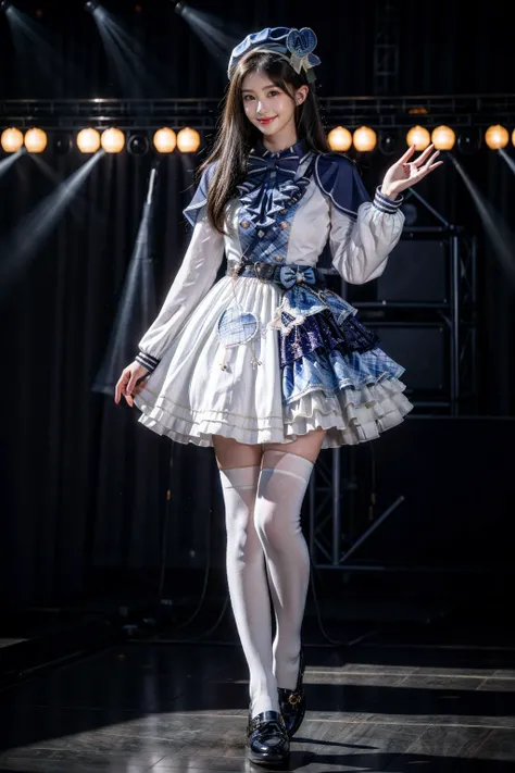 best quality, masterpiece, photorealistic, 1girl, solo, full body, standing, long straight hair, looking at viewer, dynamic pose, smile, cyb dress, capelet, long sleeves, belt, bow, bowtie, hat, headwear, white thighhighs, shoes, stage in the backgorund, stage lighting, stage spotlight, detailed background, audience, people, <lora:idol_costume_style8_v1:0.75>, <lora:add_detail:1>
