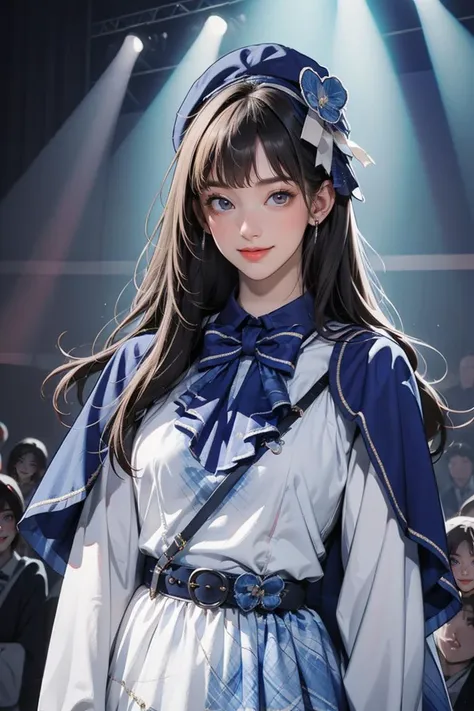 (masterpiece, best quality, beautiful and aesthetic:1.3), upper body, portrait, looking at viewer, 1girl, solo, light smile, brown hair, very long hair, cyb dress, capelet, long sleeves, belt, bow, bowtie, hat, headwear, standing, shiny skin, beautiful face, beautiful eyes, stage in the background, stage lighting, , stage spotlight, extreme detailed, official art, professional illustration, hires, <lora:idol_costume_style8_v1:0.75>