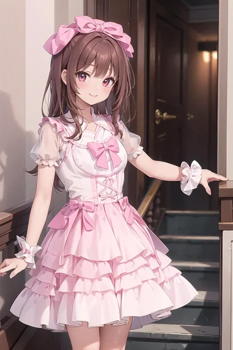 best quality, ultra-detailed, (1girl, solo, <lora:idol_costume_style6_v1:0.7:1,0,0,0,0,0,0,1,1,1,0,0,0,1,0,0,0,1,1,1,1,0,0,0,0,0>, cyb dress, pink dress, frills, see-through short sleeves, wrist cuffs ,, bangs, smile,long hair, brown hair), in a stairwell