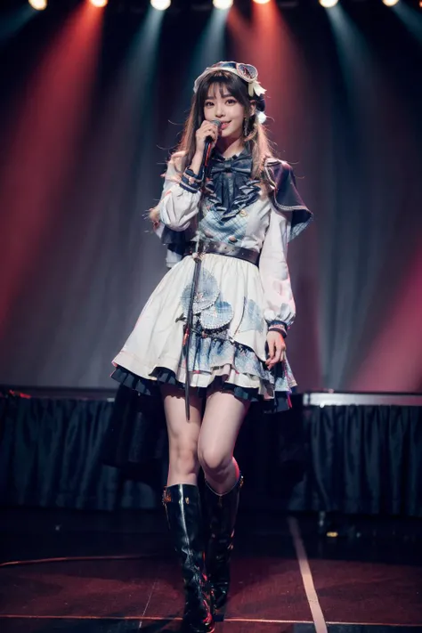 best quality, masterpiece, photorealistic, 1girl, solo, full body, standing, long straight hair, looking at viewer, (holding microphone:1.6), singing, cyb dress, capelet, long sleeves, belt, bow, bowtie, hat, headwear, white knee boots, stage in the backgorund, stage lighting, stage spotlight, detailed background, audience, people, <lora:idol_costume_style8_v1:0.75>, <lora:add_detail:1>